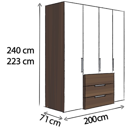 Draaideurkast met laden,maat : 200 cm. breed, 223 cm. hoog of 240 cm. hoog, 71 cm. diep